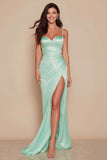Mint Green Mermaid Spaghetti Straps Long Bridesmaid Dress with Slit