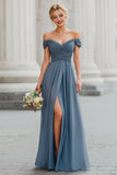 Off The Shoulder Twilight A-Line Long Bridesmaid Dress with Slit