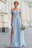 Sky Blue Off The Shoulder Chiffon A-Line Bridesmaid Dress with Slit