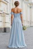 Sky Blue Off The Shoulder Chiffon A-Line Bridesmaid Dress with Slit