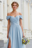 Sky Blue Off The Shoulder Chiffon A-Line Bridesmaid Dress with Slit