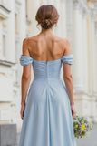 Sky Blue Off The Shoulder Chiffon A-Line Bridesmaid Dress with Slit