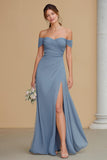 Ruched Off The Shoulder Twilight A-Line Bridesmaid Dress with Slit