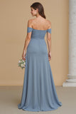 Ruched Off The Shoulder Twilight A-Line Bridesmaid Dress with Slit