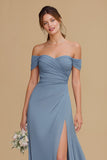 Ruched Off The Shoulder Twilight A-Line Bridesmaid Dress with Slit