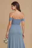 Ruched Off The Shoulder Twilight A-Line Bridesmaid Dress with Slit