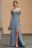 Twilight Off The Shoulder A-Line Long Bridesmaid Dress with Slit
