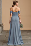 Twilight Off The Shoulder A-Line Long Bridesmaid Dress with Slit