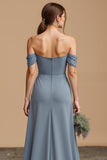 Twilight Off The Shoulder A-Line Long Bridesmaid Dress with Slit