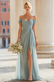 Off The Shoulder Grey Blue A-Line Pleated Long Bridesmaid Dress with Slit
