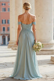 Off The Shoulder Grey Blue A-Line Pleated Long Bridesmaid Dress with Slit