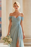 Off The Shoulder Grey Blue A-Line Pleated Long Bridesmaid Dress with Slit