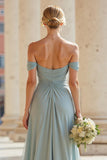 Off The Shoulder Grey Blue A-Line Pleated Long Bridesmaid Dress with Slit