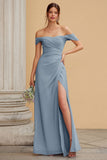 Dusty Blue A-Line Off The Shoulder Bridesmaid Dress with Slit