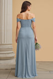 Dusty Blue A-Line Off The Shoulder Bridesmaid Dress with Slit