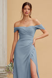 Dusty Blue A-Line Off The Shoulder Bridesmaid Dress with Slit