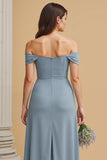 Dusty Blue A-Line Off The Shoulder Bridesmaid Dress with Slit