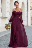 Cabernet A-Line Off The Shoulder Pleated Bridesmaid Dress with Long Sleeves