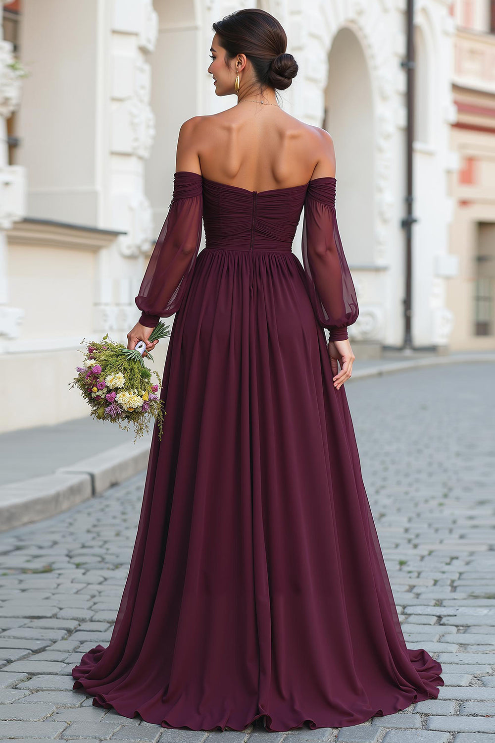 WEDTREND Women Cabernet Bridesmaid Dress Off The Shoulder A-Line Long Sleeves Pleated Wedding Guest Dress, Cabernet / US24W