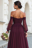 Cabernet A-Line Off The Shoulder Pleated Bridesmaid Dress with Long Sleeves