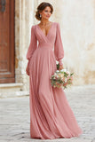 Elegant A-Line V-Neck Dusty Rose Bridesmaid Dress with Long Sleeves