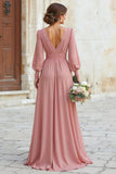 Elegant A-Line V-Neck Dusty Rose Bridesmaid Dress with Long Sleeves