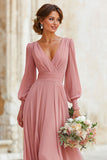 Elegant A-Line V-Neck Dusty Rose Bridesmaid Dress with Long Sleeves