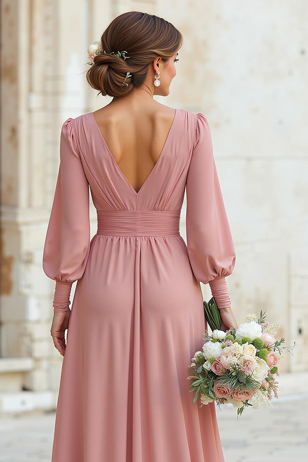 WEDTREND Women Dusty Rose Bridesmaid Dress A-Line V-Nevk Long Sleeves Elegant Wedding Guest Dress WEDTREND Women Dusty Rose Bridesmaid Dress A-Line V-Nevk Long Sleeves Elegant Wedding Guest Dress