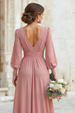 Elegant A-Line V-Neck Dusty Rose Bridesmaid Dress with Long Sleeves