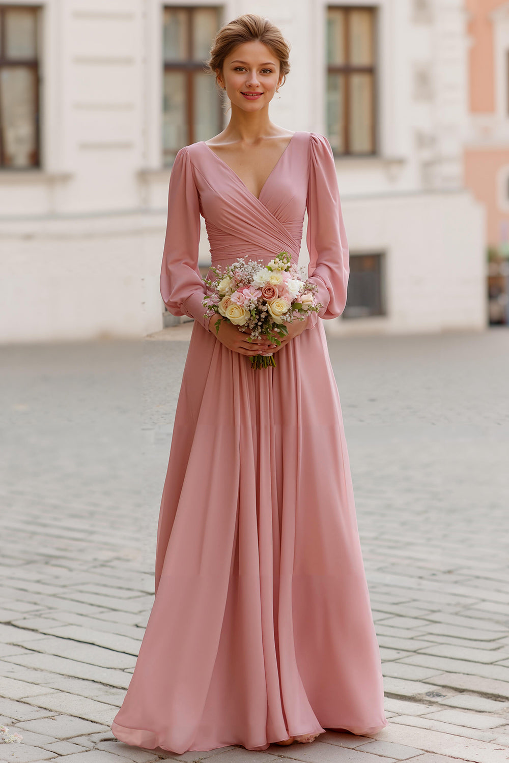 WEDTREND Women Elegant Vintage Mauve Bridesmaid Dress A-Line V-Nevk Long Sleeves Wedding Guest Dress WEDTREND Women Elegant Vintage Mauve Bridesmaid Dress A-Line V-Nevk Long Sleeves Wedding Guest Dress
