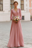 Elegant Vintage Mauve A-Line V-Neck Long Sleeves Bridesmaid Dress
