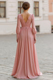 Elegant Vintage Mauve A-Line V-Neck Long Sleeves Bridesmaid Dress