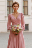 Elegant Vintage Mauve A-Line V-Neck Long Sleeves Bridesmaid Dress