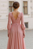 Elegant Vintage Mauve A-Line V-Neck Long Sleeves Bridesmaid Dress