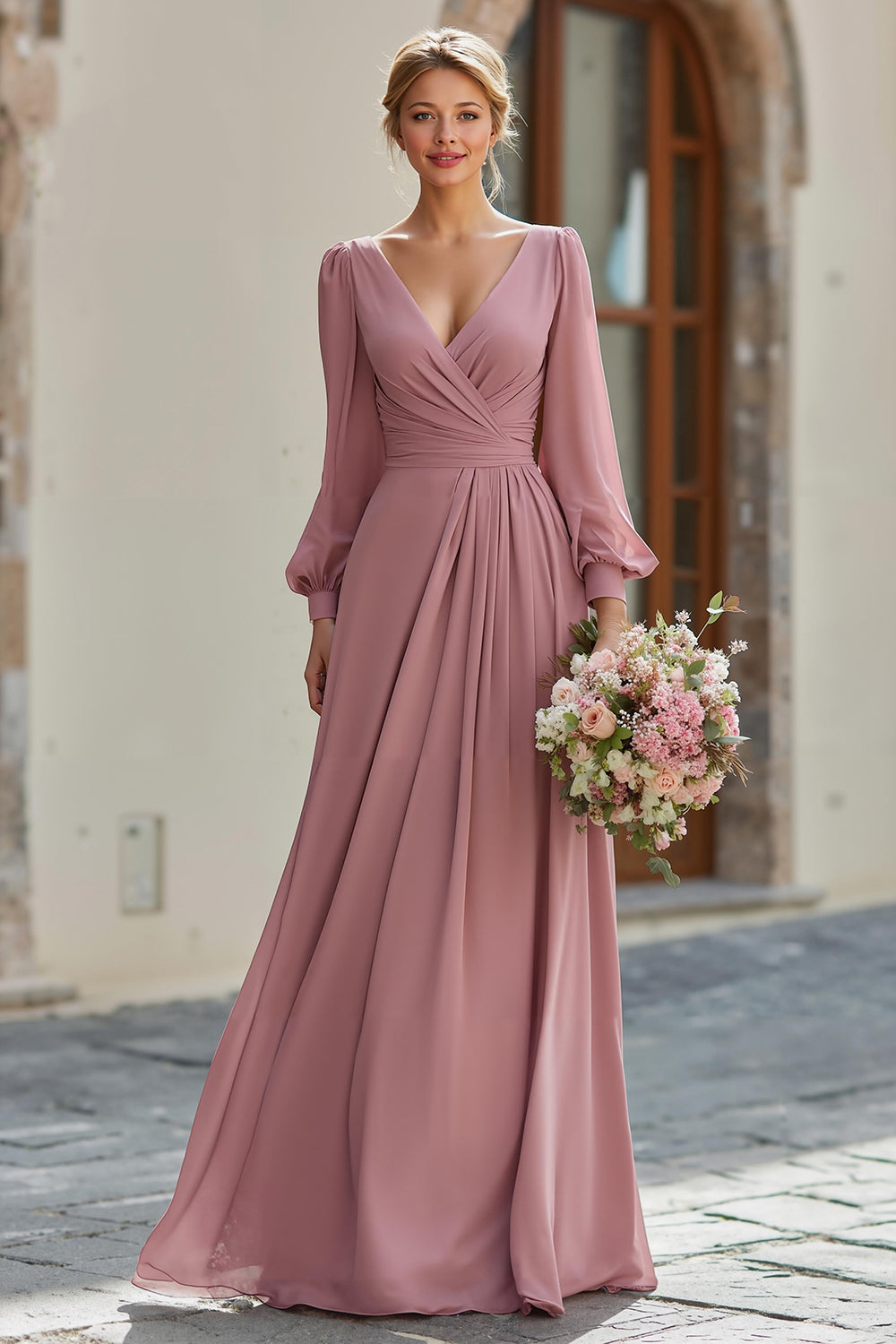 Elegant Vintage Mauve A-Line V-Neck Long Sleeves Bridesmaid Dress