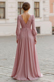 Elegant Vintage Mauve A-Line V-Neck Long Sleeves Bridesmaid Dress