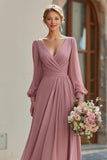 Elegant Vintage Mauve A-Line V-Neck Long Sleeves Bridesmaid Dress