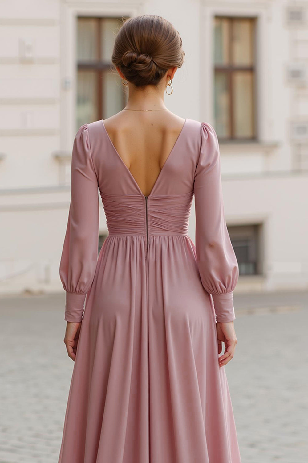 Elegant Vintage Mauve A-Line V-Neck Long Sleeves Bridesmaid Dress