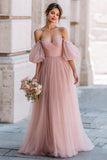 Off The Shoulder A-Line Dusty Rose Tulle Long Bridesmaid Dress with Flutter Sleeves
