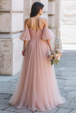 Off The Shoulder A-Line Dusty Rose Tulle Long Bridesmaid Dress with Flutter Sleeves