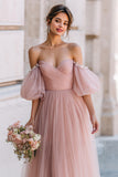 Off The Shoulder A-Line Dusty Rose Tulle Long Bridesmaid Dress with Flutter Sleeves