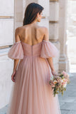 Off The Shoulder A-Line Dusty Rose Tulle Long Bridesmaid Dress with Flutter Sleeves