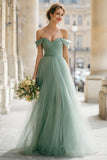 Pleated Eucalyptus A-Line Off The Shoulder Bridesmaid Dress