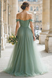 Pleated Eucalyptus A-Line Off The Shoulder Bridesmaid Dress