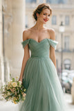 Pleated Eucalyptus A-Line Off The Shoulder Bridesmaid Dress