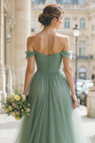Pleated Eucalyptus A-Line Off The Shoulder Bridesmaid Dress
