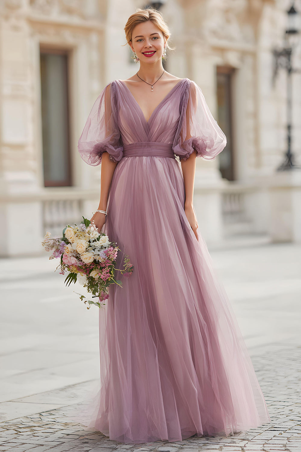 Vintage Mauve A-Line V-Neck Pleated Tulle Long Bridesmaid Dress with Puff sleeves