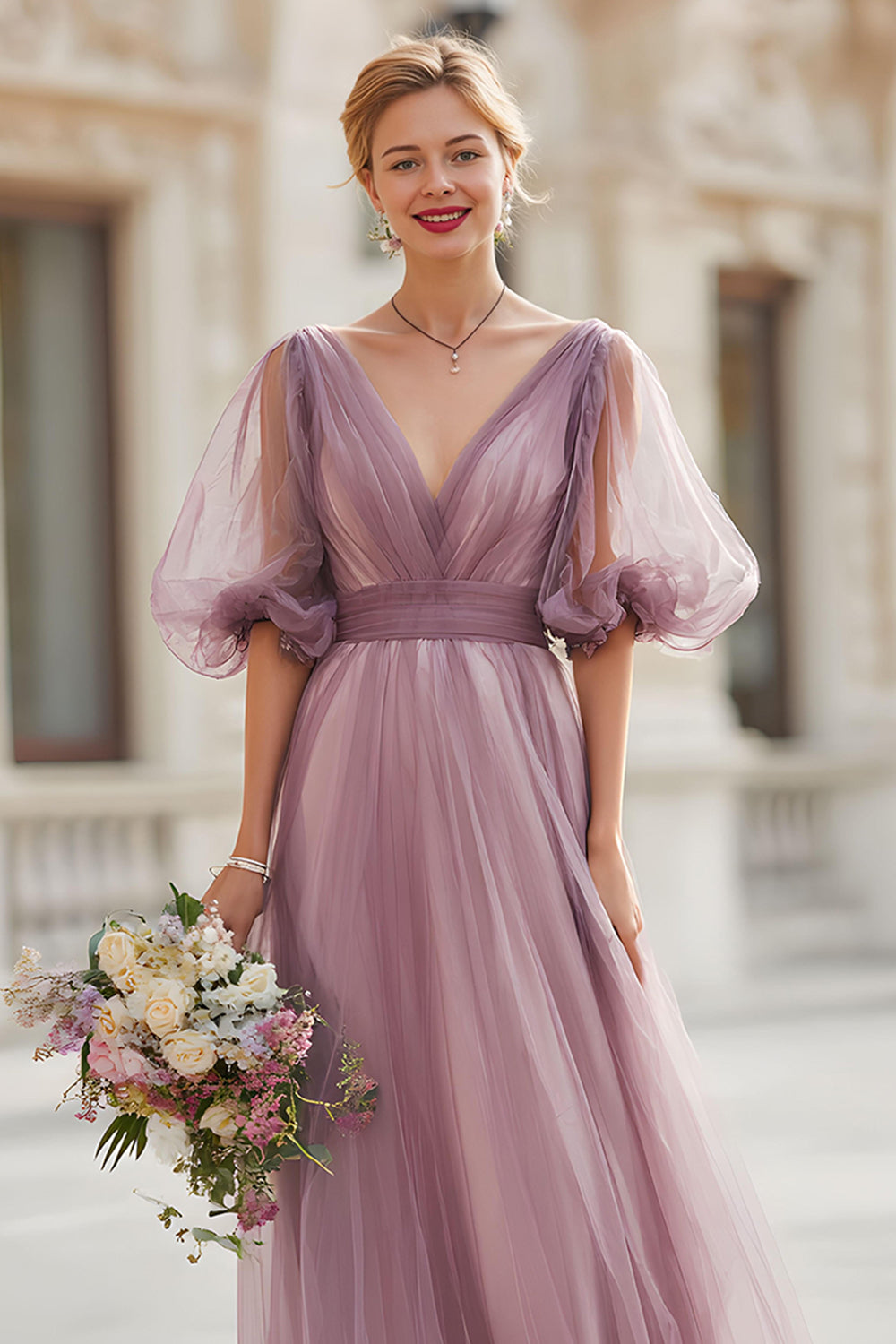 Vintage Mauve A-Line V-Neck Pleated Tulle Long Bridesmaid Dress with Puff sleeves