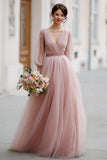 Dusty Rose A-Line Puff Sleeves Tulle V-Neck Long Bridesmaid Dress