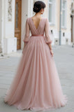 Dusty Rose A-Line Puff Sleeves Tulle V-Neck Long Bridesmaid Dress